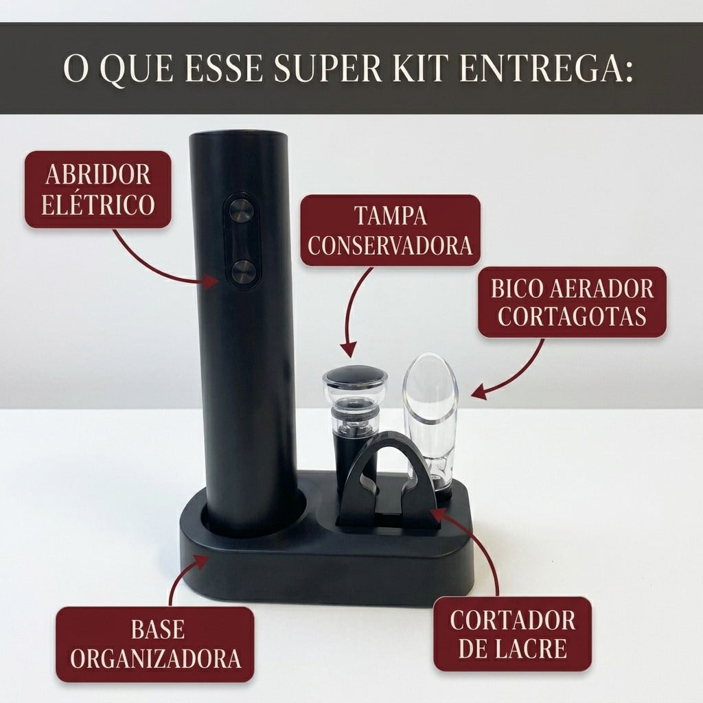 Kit Abridor de Vinho Elétrico WineOpen™ - Elegância e praticidade em cada garrafa
